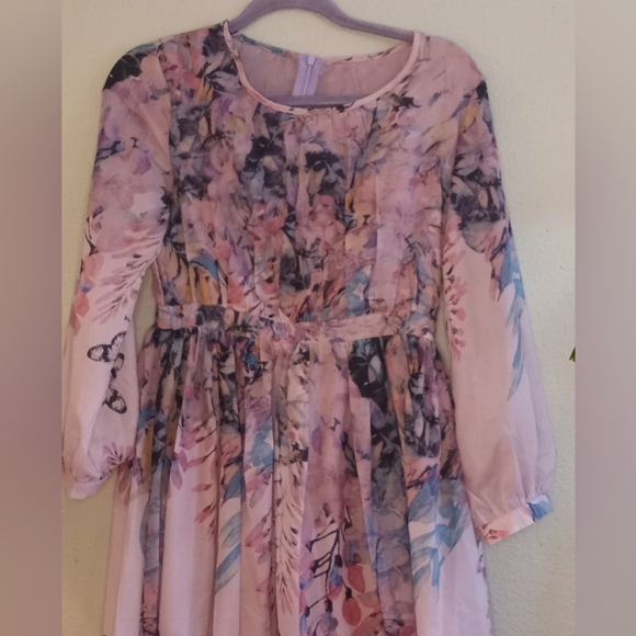 Feminine Fairycore Silk Floral and Butterfly Pastel Purple Whimsical Midi Dress - Picture 6 of 13